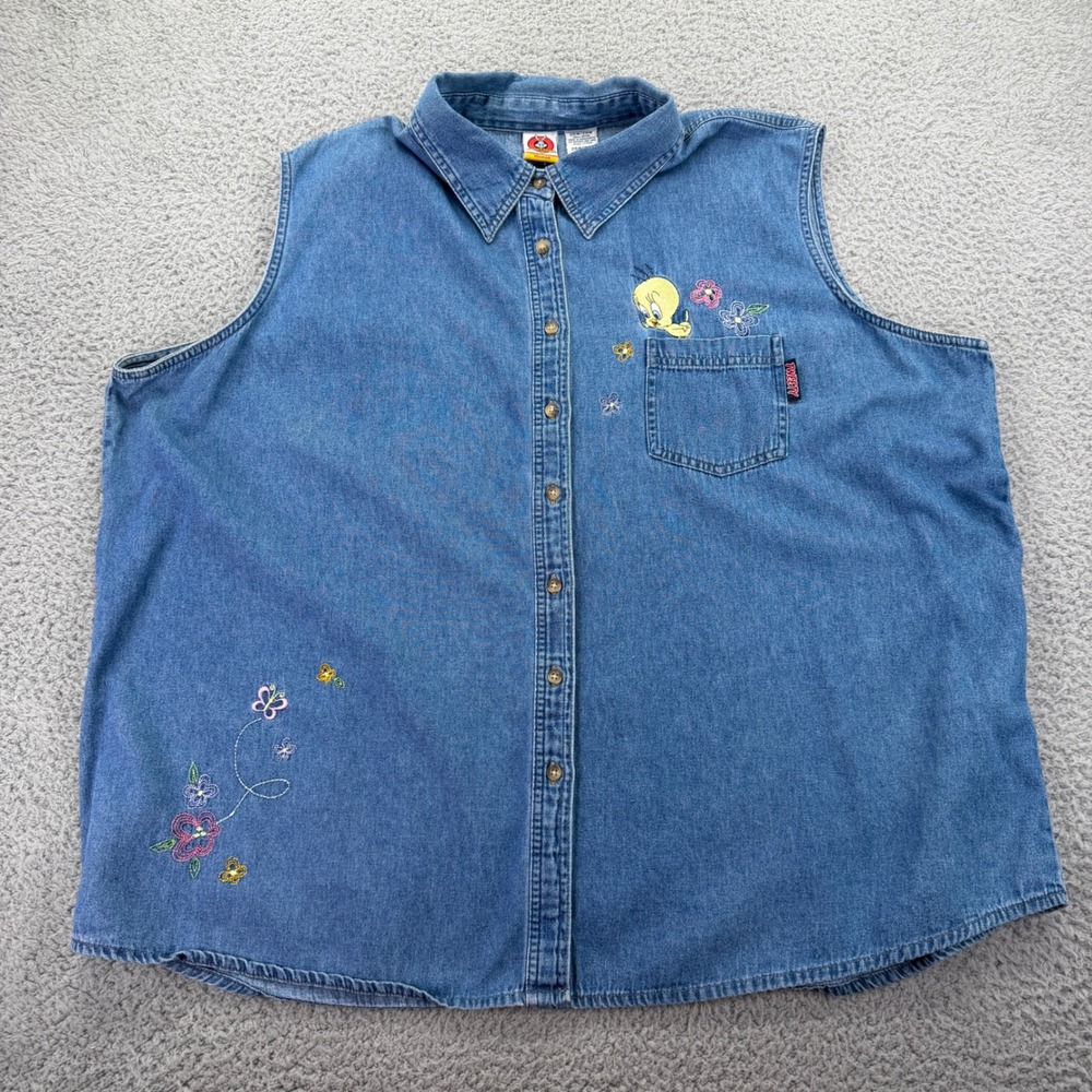 VTG Looney Tunes Tweety Bird Sleeveless Denim Shirt Blue Womens 26W/28W